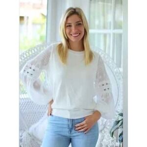 Sioni Milano Women 2X Eggshell White Knit Top Sheer Lace Balloon Sleeve NEW